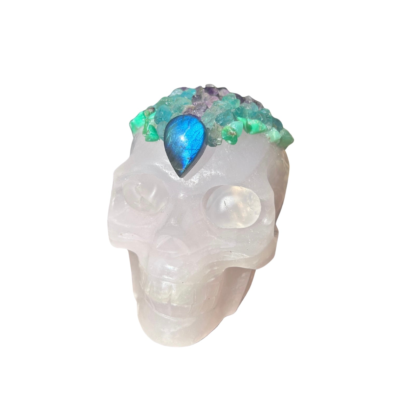 Skull (Mangano Calcite+Labradorite+Chrysoprase+Blue Apatite+Amethyst)