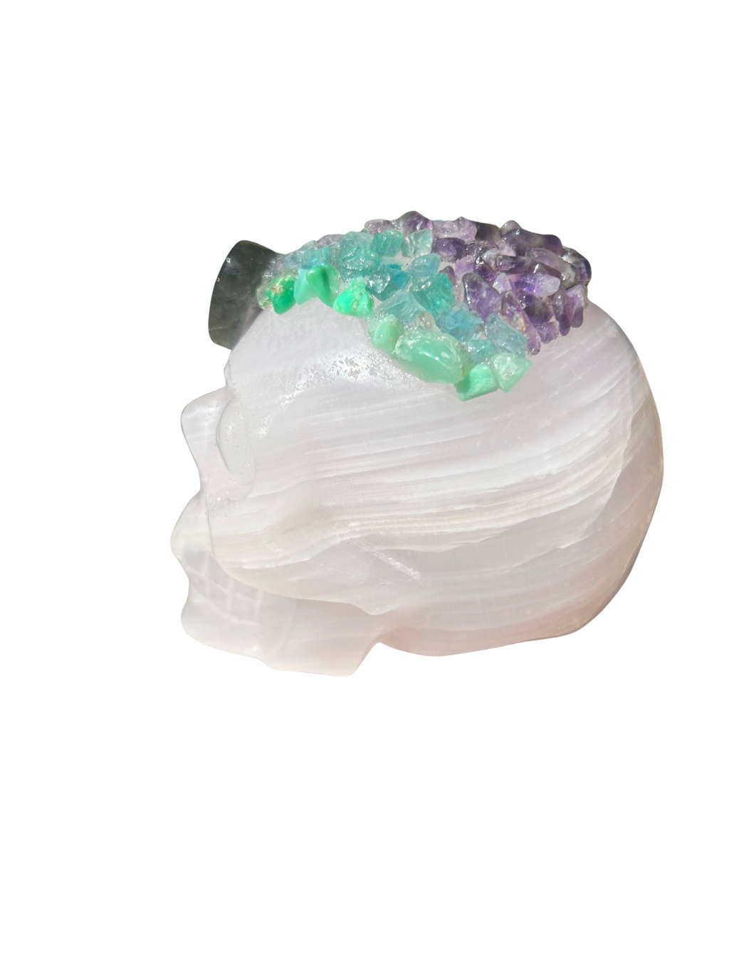 Skull (Mangano Calcite+Labradorite+Chrysoprase+Blue Apatite+Amethyst)