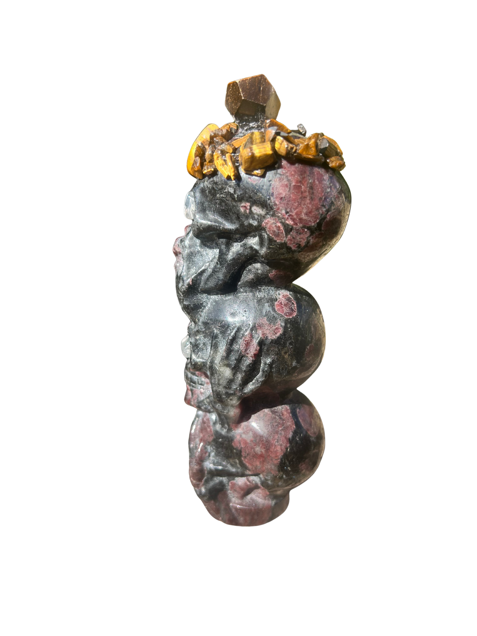 See No, Hear No, Speak No Evil Skull Statue (Garnet in Black Tourmaline+Tiger’s Eye+Clear Quartz)